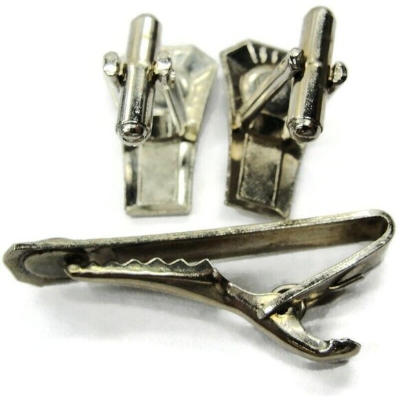 Cufflinks Tie Bar Set Stamped Steel Blue Green Stone Tux Shirt Suit Vintage - Picture 7 of 7